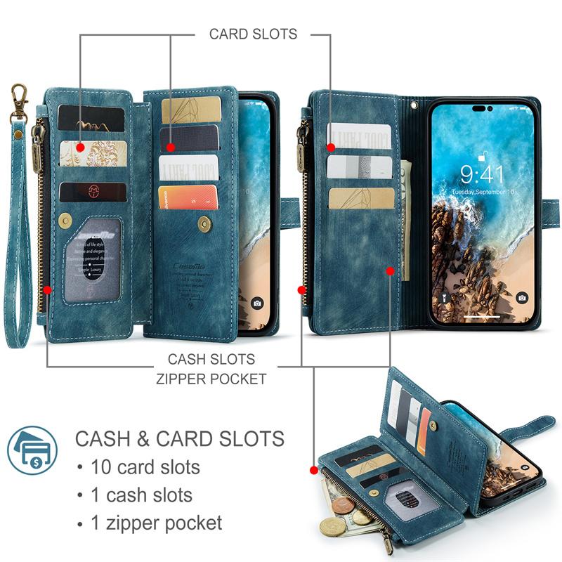 CaseMe Flip Leather Phone Case For iPhone 17 Pro Max 16 Plus 15 14 13 12 11 XS XR X Samsung S26 S25 FE S24 Ultra S23 S22 S21 Zipper Wallet Cards Cover