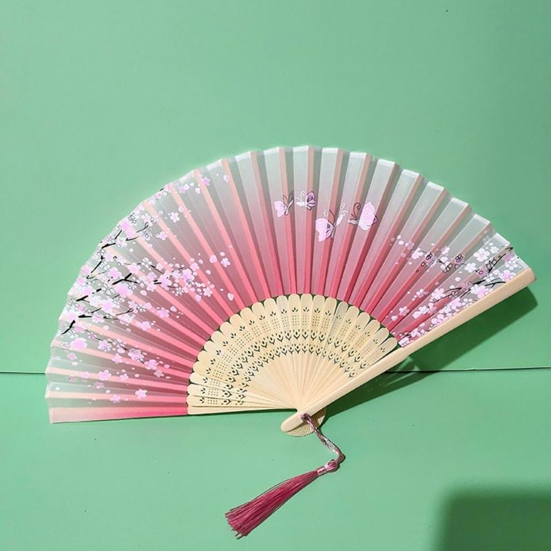 Éventail traditionnel chinois vintage avec pompons Éventail pliant portable Éventail de danse pour femmes Mariages Bals de fin d'études Photographie