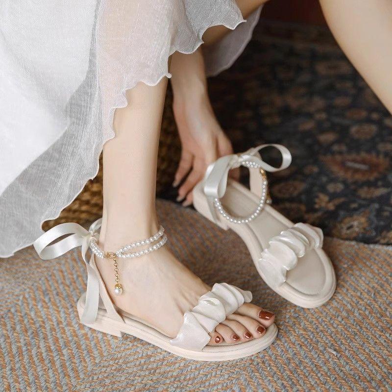 Fairy style with skirt medium heel Roman sandals women's 2025 summer new bow pearl versatile thick heel shoes