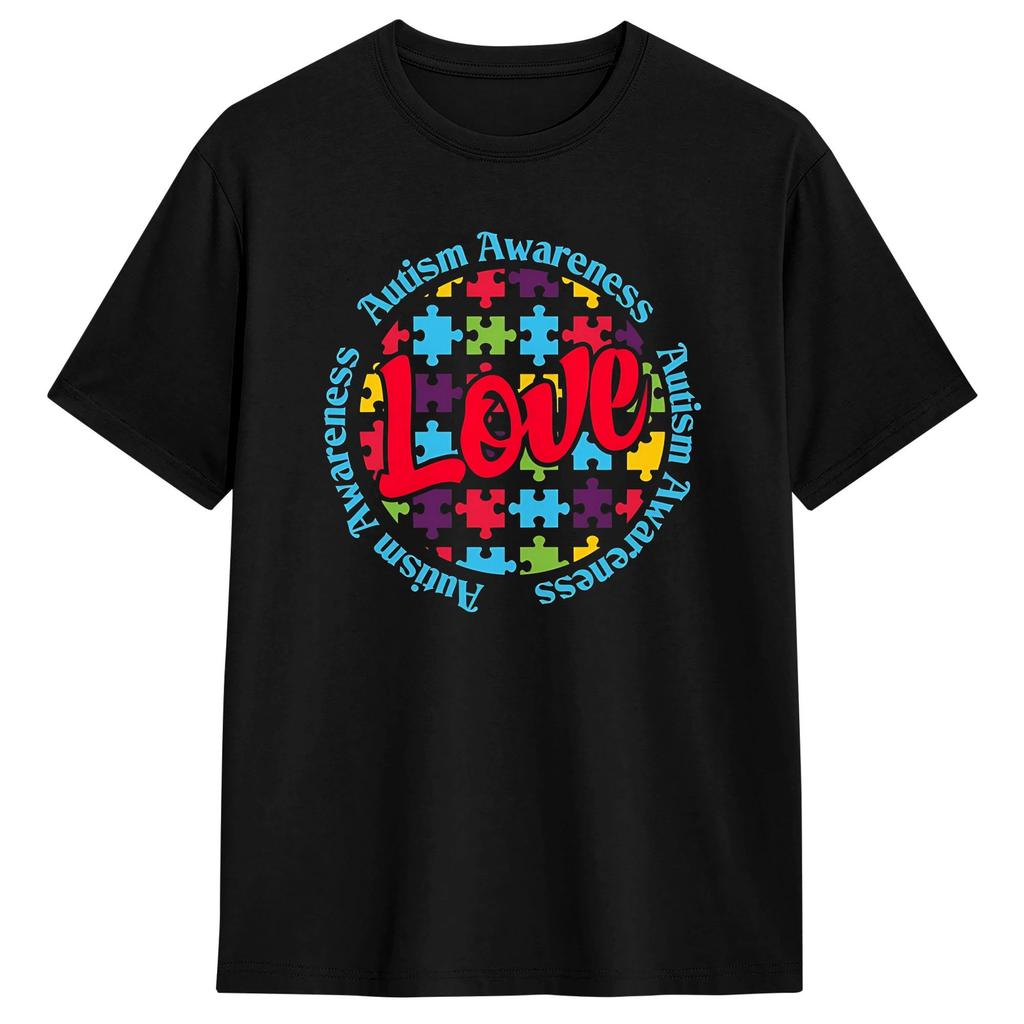 Love Autism Awareness T-Shirt for Men Vintage 100% Cotton Tees Round Neck Short Sleeve T Shirt Classic Tops