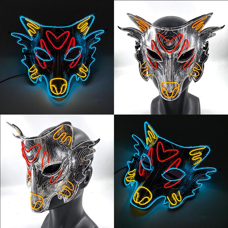 Leuchtende Fuchskostümmaske Leuchtende Tiermasken Wolfsmaske Leuchtendes Halloween Cosplay Kostüm für Mann Frau Nachtclub Party Requisiten