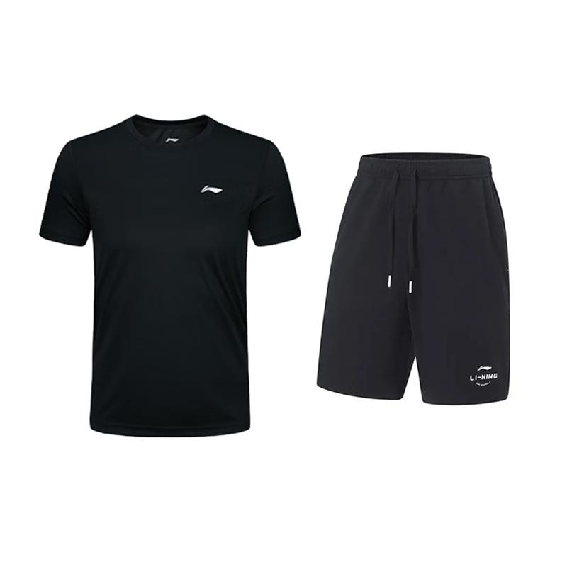 

Li-Ning Базовая дышащая быстросохнущая удобная универсальная футболка с круглым вырезом и коротким рукавом Повседневный спортивный комплект Унисекс Топы Черный YATV113-2+AKST543-3 M