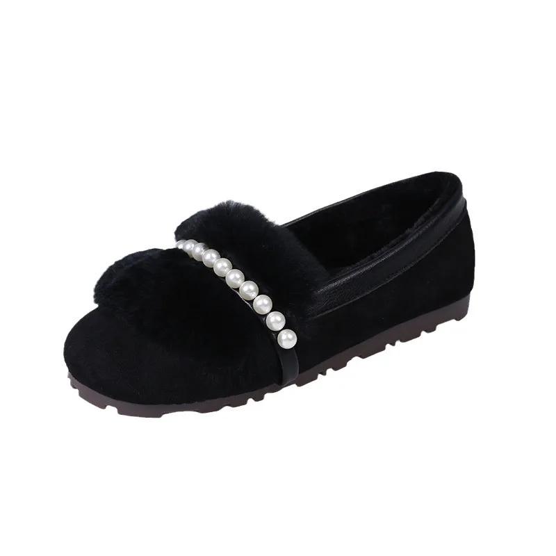 Winter New Flat Beaded Plush Cotton Shoes Women Casual Soft Sole Warm Snow Boots Retro Mary Jane Shoes Non-slip Loafers Sneakers