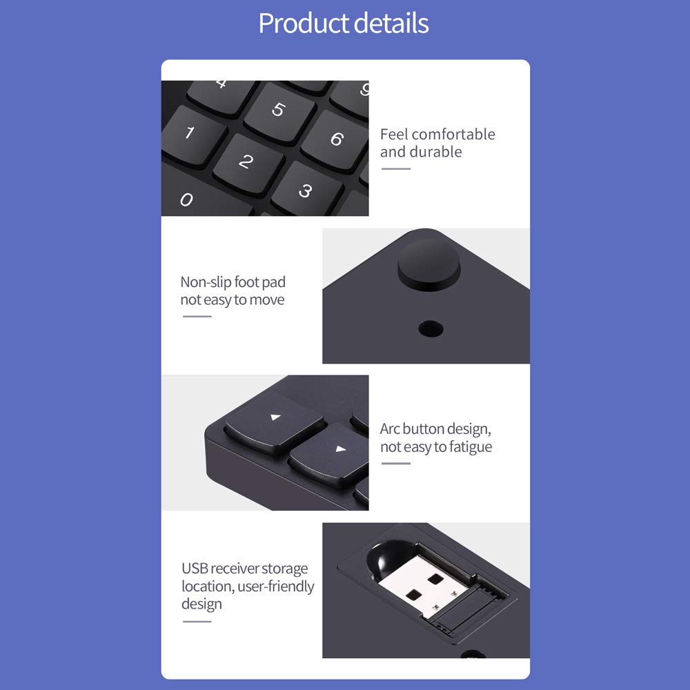 Skyeen Mini Numeric Keypad, 35-Key 2.4G Wireless Ultra-Slim Portable Keyboard with Screen Display, Indicator Lights, Built-in Rechargeable Battery,