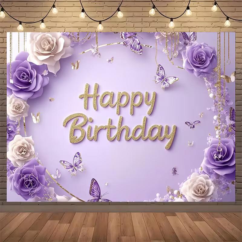 2D Lavender Floral Butterfly Happy Birthday Backdrop Purple Gold Party Photo Background