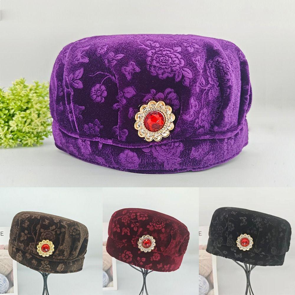 

Thickened Mom Cap Imitation Stones Decor Grandma Headwear Windproof Caps Middle Aged and Elderly