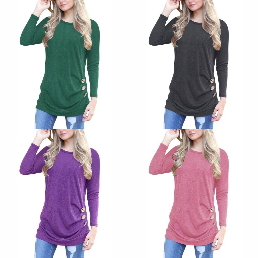 Stylish Long-sleeve Button Detail T-shirt For Women In Various Colors And Sizes