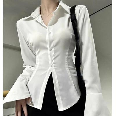 Women Sexy Solid Color Slim Chiffon Shirt Turn-down Collar Flare Sleeve Tunic Bandage Design Vintage Female Blouses Spring 2024