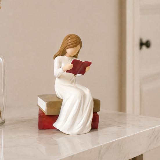 Modern Shelf Decoration Reading Girl Figurine, Hand-Painted Resin Sculpture for Bookshelf Decor, Small Ornament Entrance Faceless Woman Statue Office