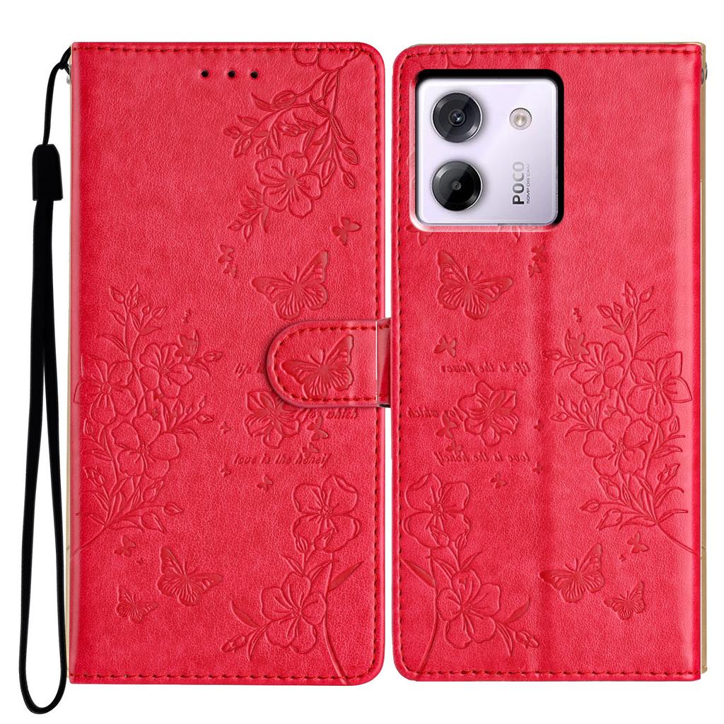 Für Xiaomi Poco M7 Pro 5G Brieftasche Handyhülle Schmetterling Floral Prägung Leder Klapphülle mit Riemen