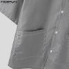 INCERUN Summer Men Lapel Neck Short Sleeve Striped Pockets Casual Oversized Shirts