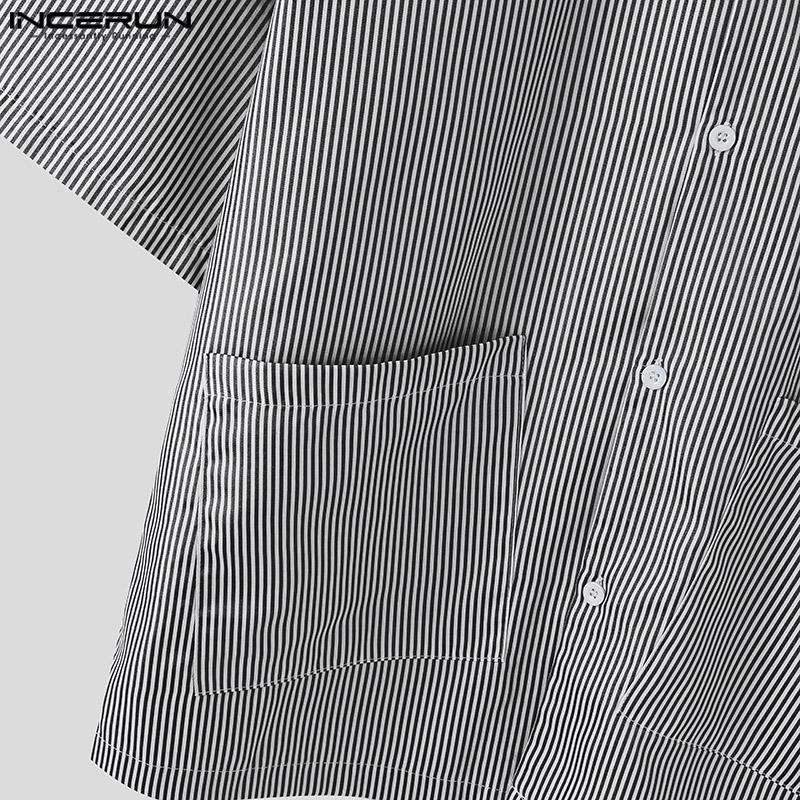 INCERUN Summer Men Lapel Neck Short Sleeve Striped Pockets Casual Oversized Shirts