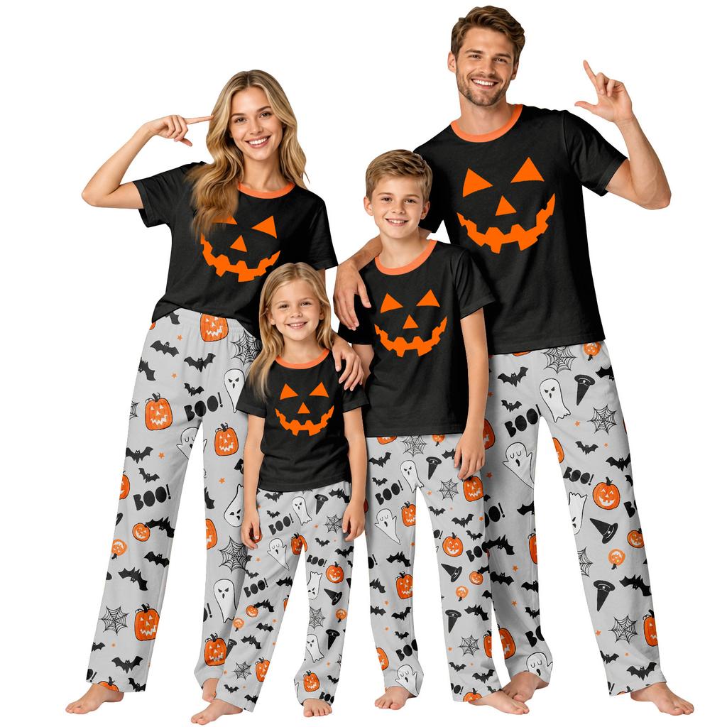 Family Matching Halloween Pajama Set Short Sleeve Top and Pants for Mom and Kids