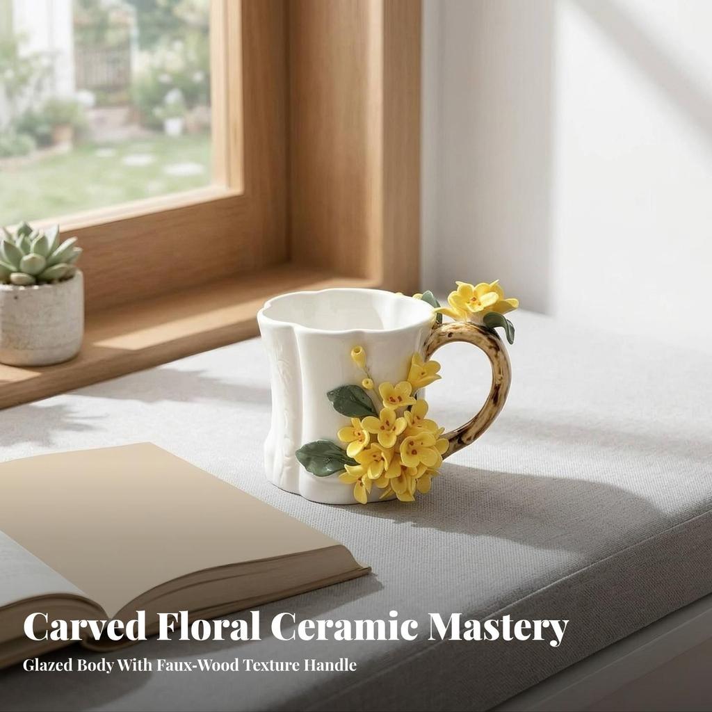 Ceramic Mug with Branch Handle Sculptural Floral Decoration Comfortable