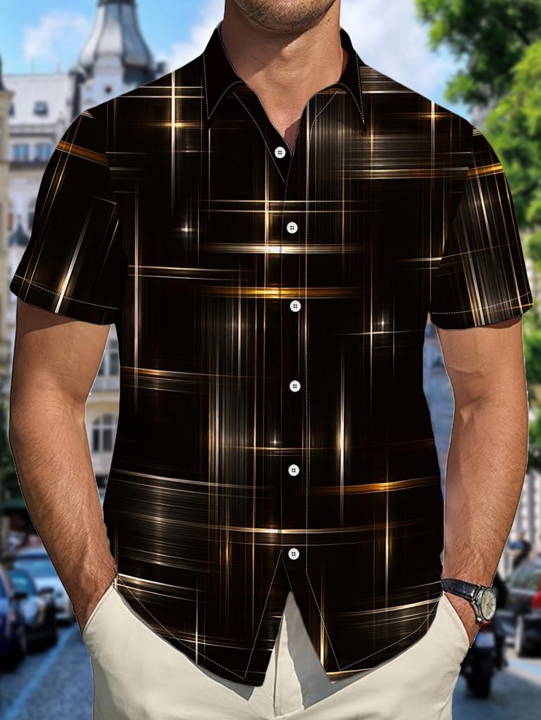 2026 Vintage Estate Uomo Camicie a Quadri Geometrici a Griglia Manica Corta Collo a Revers Stampa 3D Camicie Hawaiane per Vacanze Abbigliamento Casual da Uomo