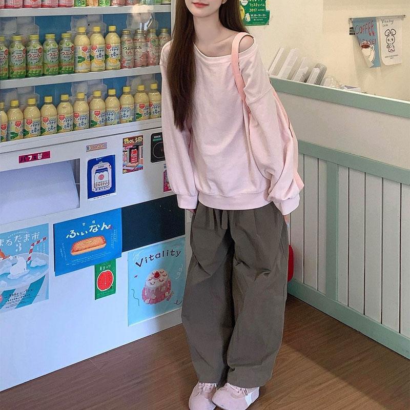 

Women Off Shoulder Long Sleeve Sweatshirt Casual Loose Solid Top M розовый