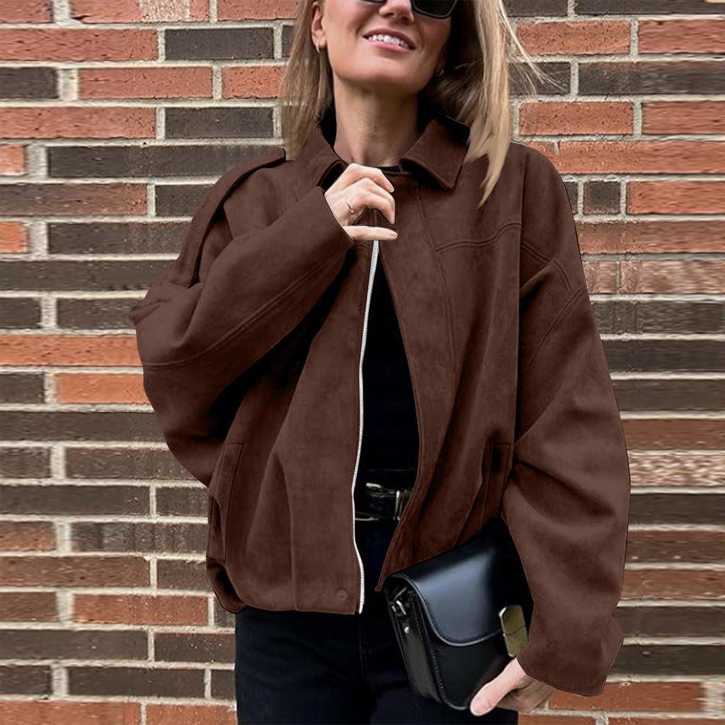 Damen Farb Mode Langarm Reißverschluss Lässig Oberteil Jacke Jacke
