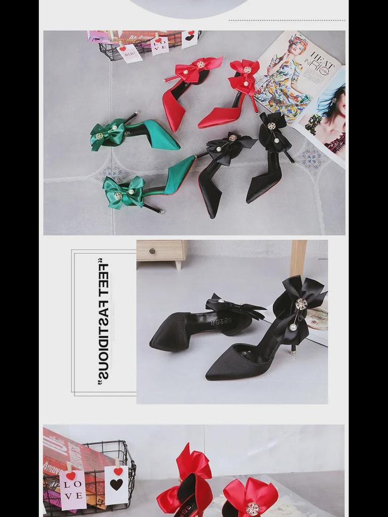 Rote High Heels für Damen im Sommer 2021 mit Schleife, Perle und Strassverzierungen für Partys und Hochzeiten