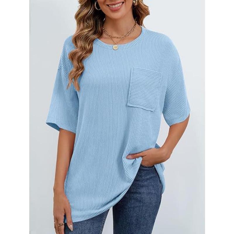 Women's Summer Short Sleeve Patch Pocket Top Oversized Round Neck Textured Casual Basic T-Shirt