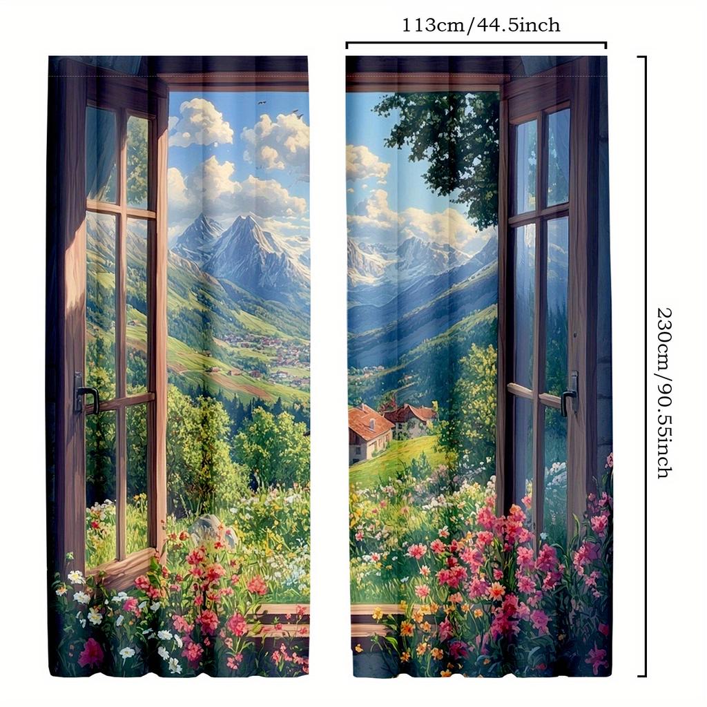 2pcs Nature-Inspired Mountain Blackout Curtains   Spring Sky and Flower Insulated Drapes for Bedroom Living Room
