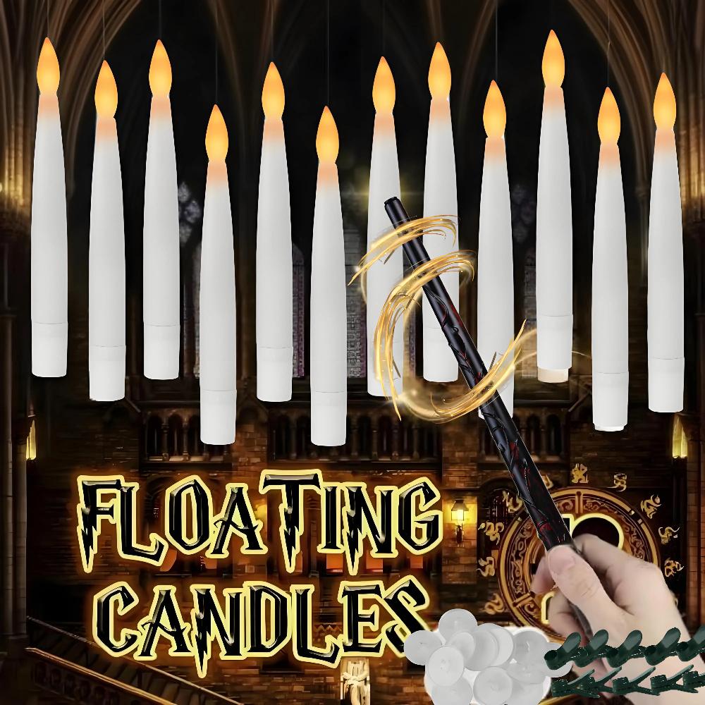 New 12Pc LED Floating Candles With Magic Wand Timer Flameless Flying Candle Flickering Burning Candles For Wedding Holiday Decor