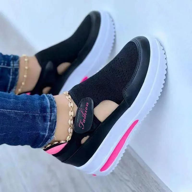 Fashion Large  Summer  Breathable Women's Casual Shoes with Thick Sole  Sloping Heel Hollowed Out Low Cut Women's Shoes  Sneakers