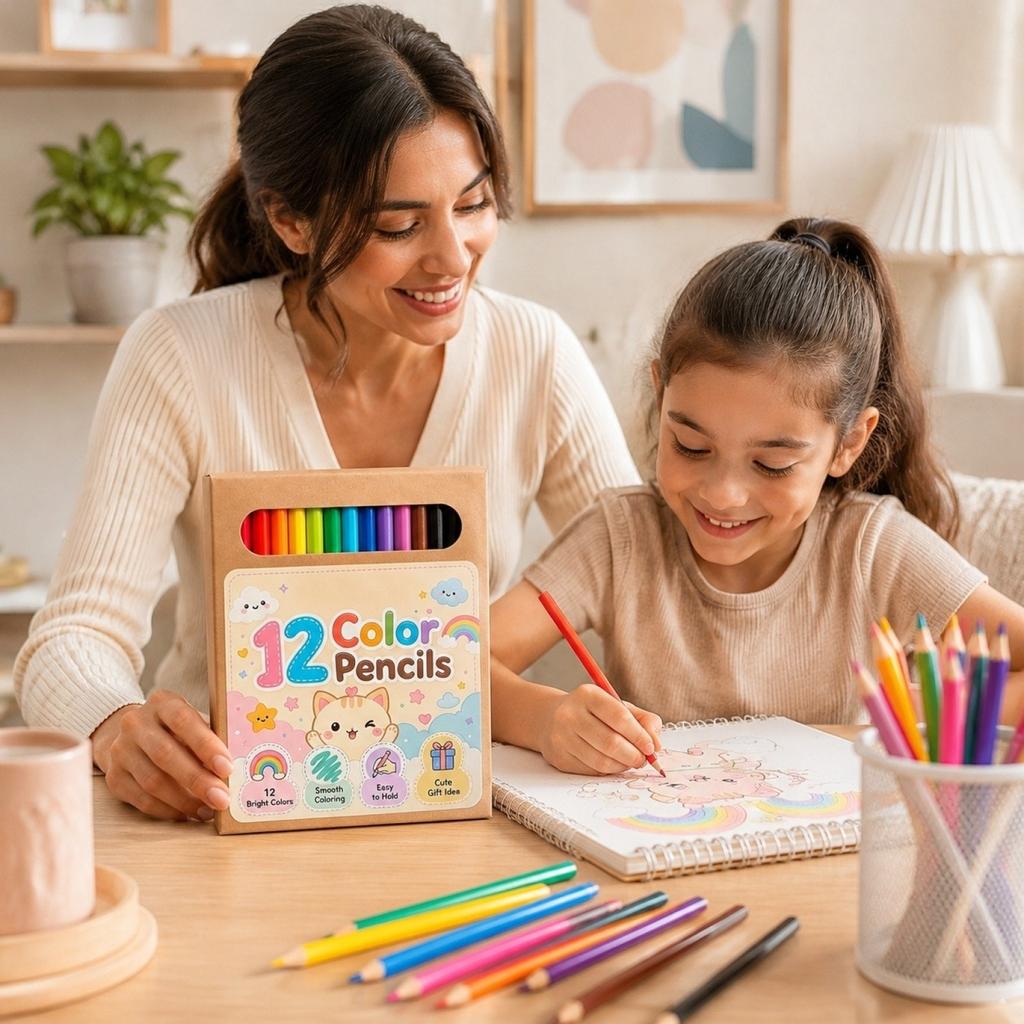 Colored Pencil Set for Kids, 12 Bright Colors, Smooth Coloring, Supplies for School and Home