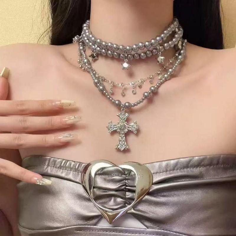 Layered Pearl Cross Pendant Necklace With Tassel Fringe Alloy Chain Women 2025 Fashion Statement Choker Multi-layer Beaded Cross Pendant Tassel Necklace