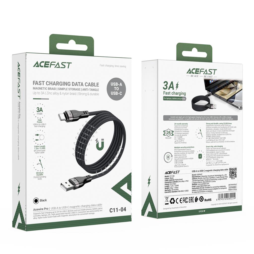 USB-A - USB-C 3A cable with magnetic organizer 1.2m - black