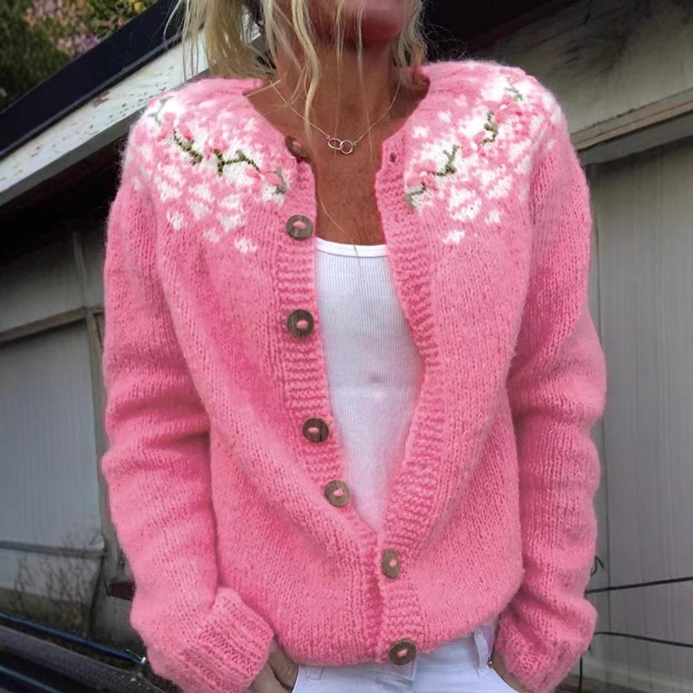 Women's Pink V-Neck Knit Cardigan with Jacquard Floral Pattern