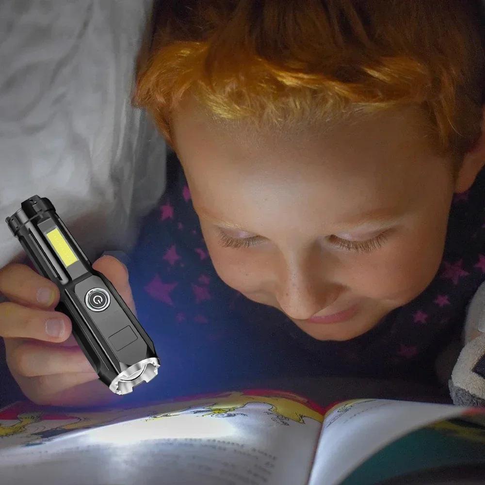 High Power Led Flashlight Super Bright Rechargeable Zoom Torch with COB Side Lights Outdoor Camping Night Fishing Lantern
