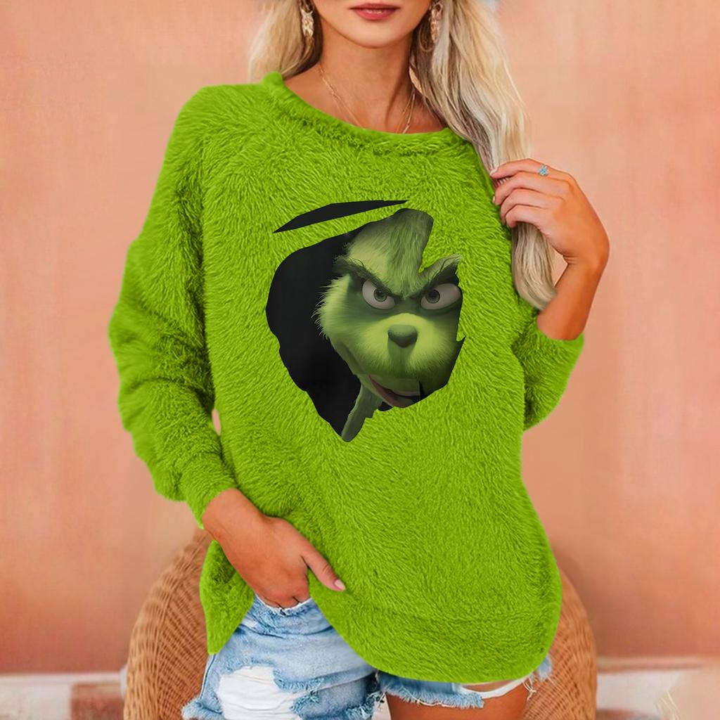 Damen Modischer Rundhals Langarm Weihnachts-Print Lockerer Plüsch Warmer Pullover