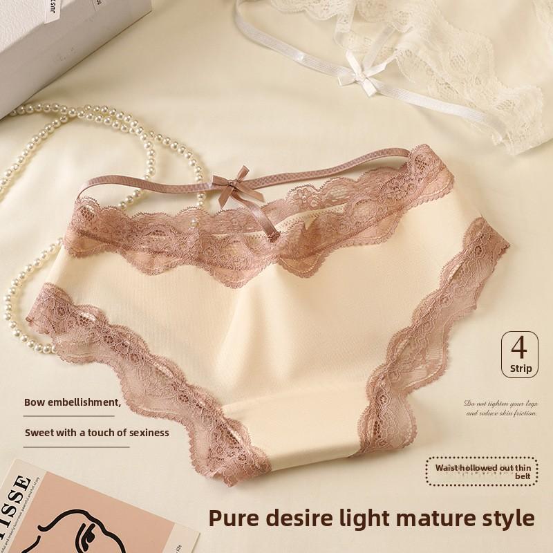 Ladies Spring Summer Sexy Lace Edge Sweet Bow Cutout Mid Waist Triangle Briefs