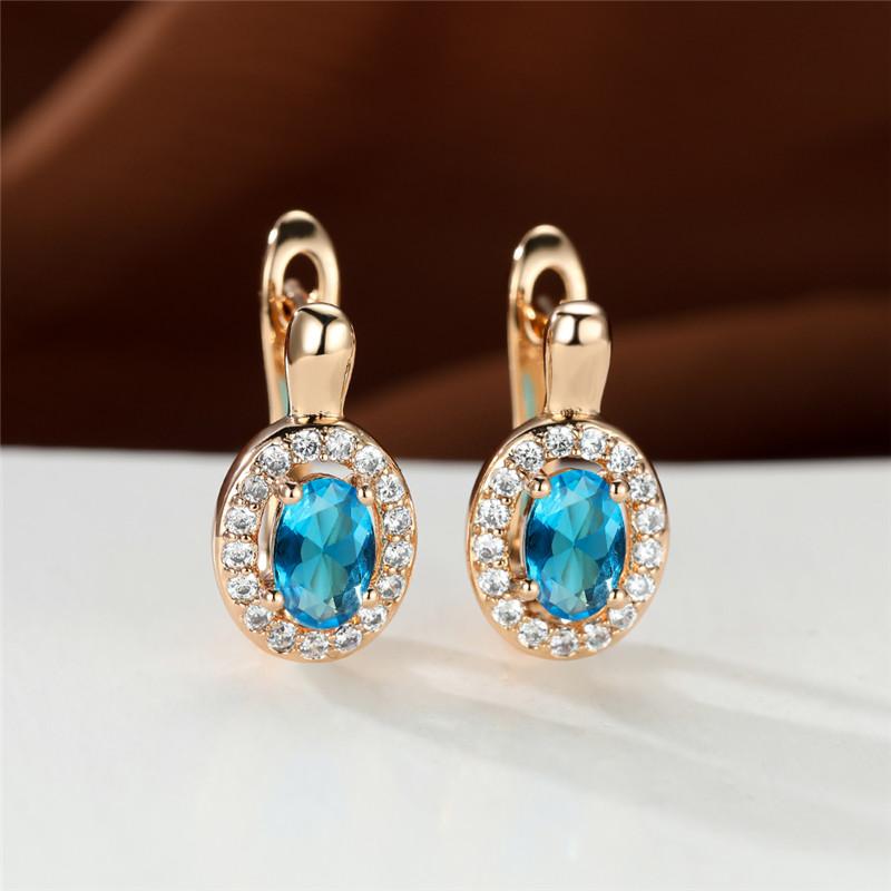 Cute Female Rose Gold Color Crystal Blue Stone Earrings Dainty Oval Zircon Wedding  For Women