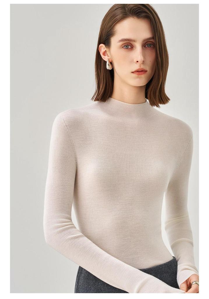 Machine Washable Women's Pure Wool Slim-Fit Half-High Collar Sweater - Autumn/Winter Cashmere Knit Base Layer