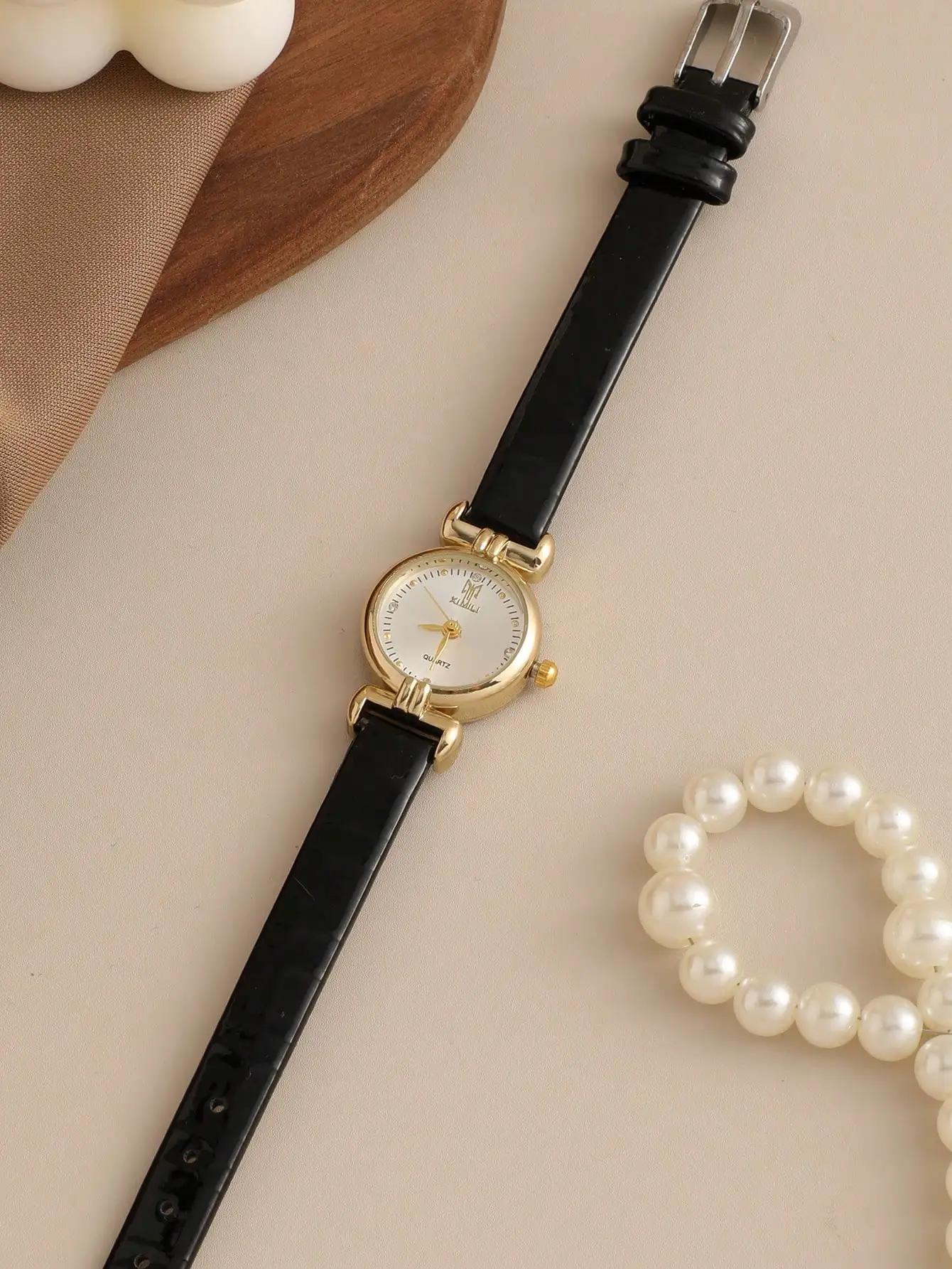 

Кварцевые часы Женские часы из ПУ кожи с тонким ремешком Наручные часы Женские часы Однотонные Модные Женские часы в подарок Relojes Para Mujer чёрный