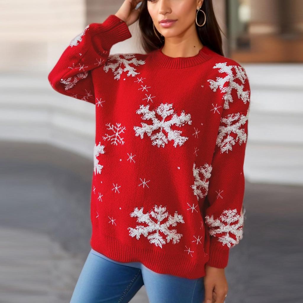 Red Christmas sweater, women's snowflake towel, embroidered round neck long sleeved Christmas themed pullover sweater 3505 KTB