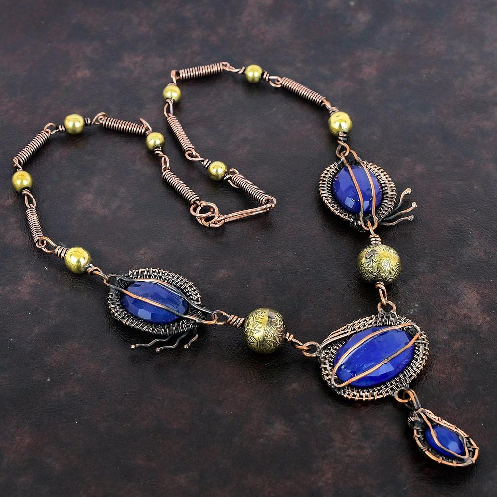 Faceted Blue Sapphire Gemstone Necklace Copper Wire Wrapped Adjustable Chain Necklace Handmade Necklace Wire Wrapped Jewelry Wedding Gifts