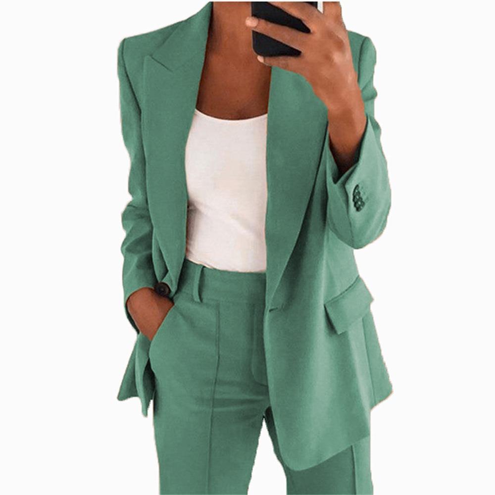 Damen Revers Langarm Blazer Hose 2-teiliges Outfit Elastische Taille Einfarbig Business Casual Anzug Set