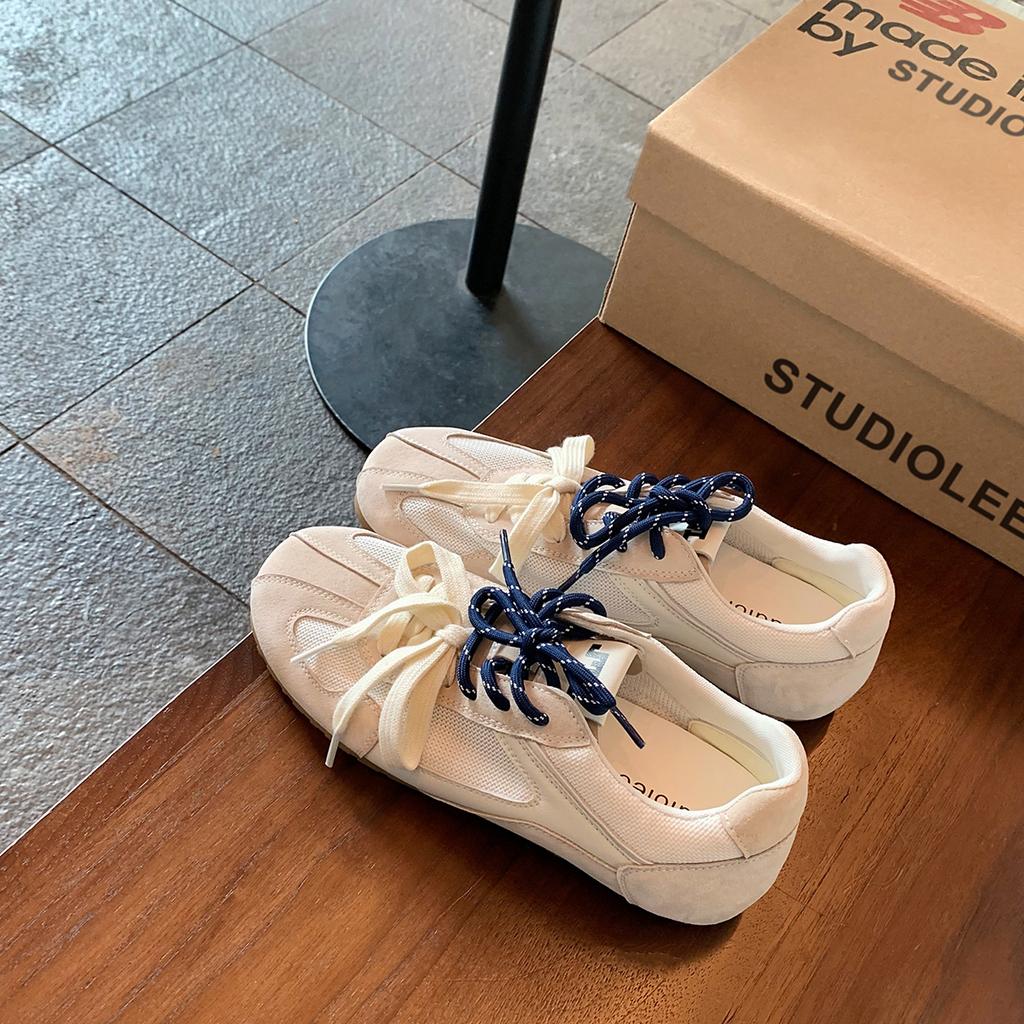 Grape Mother's Same 3cm Inner Height Increase~ Retro Mandarin Duck Shoelaces Spliced Mesh Breathable and Versatile Casual Shoes German Training Shoes