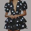 Lace Sexy Slim Print Women's Dress Summer V-neck Short-sleeved Mini Dress Elegant Classic High Waist Pleated Women's Dress