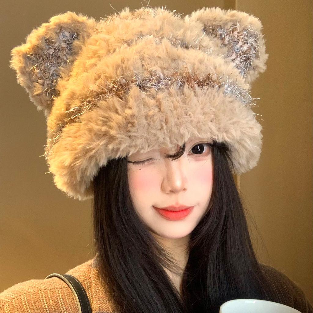 Autumn and winter cute mixed color striped cat ears plush knitted hat women's face small wool hat warm ear hat