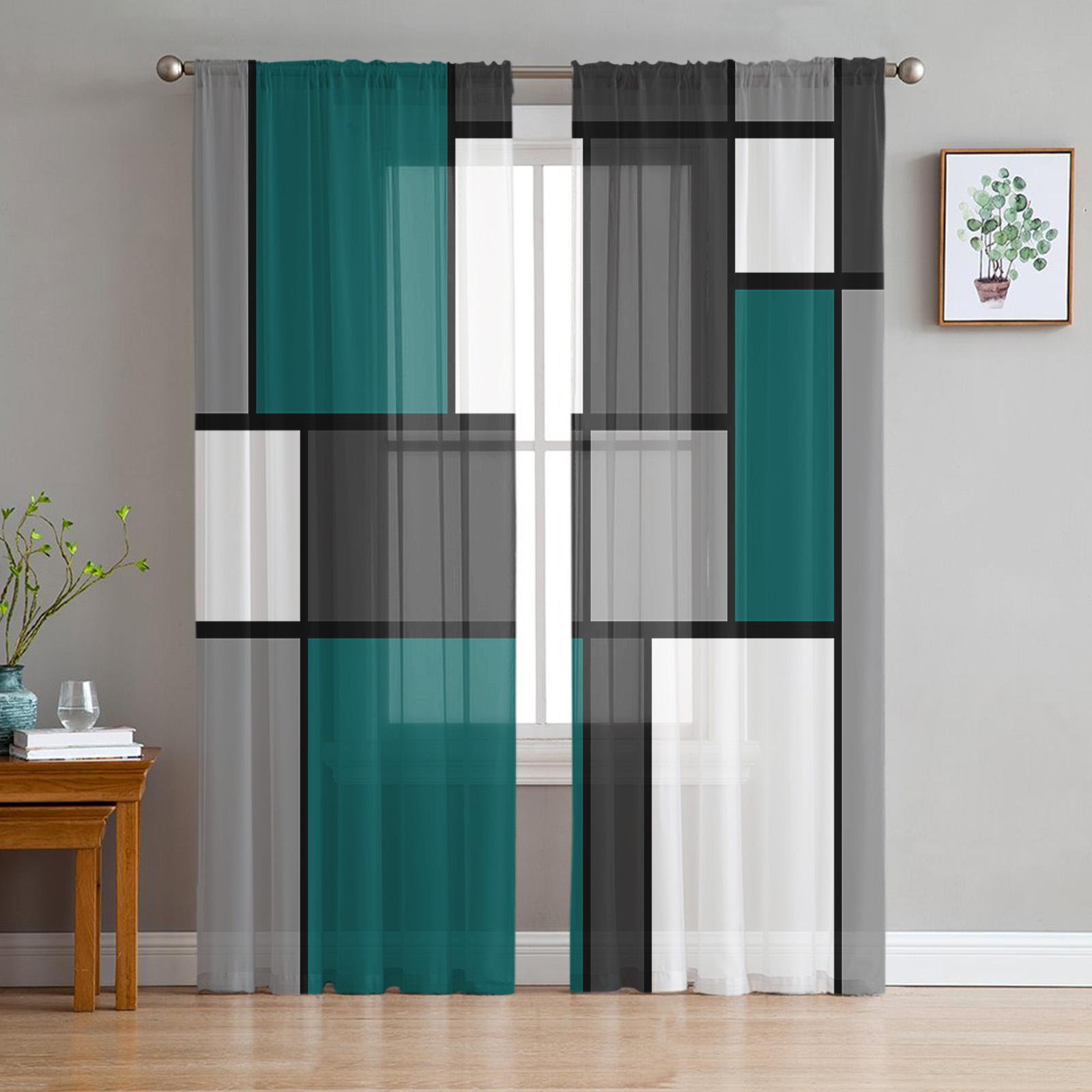 

Geometric Shapes Blue Abstract Design Transparent Curtains for Living Room Decoration Window Panel Curtain Kitchen Tulle Sheer Fabric Organza Drapes W135 x H115cm x1&Rod Pocket