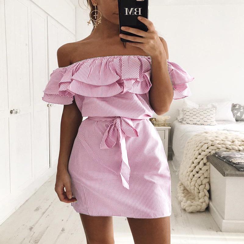 Premium Quality Women's Fashion Summer Casual Beach Mini Dress With Ruffle Off Shoulder Design