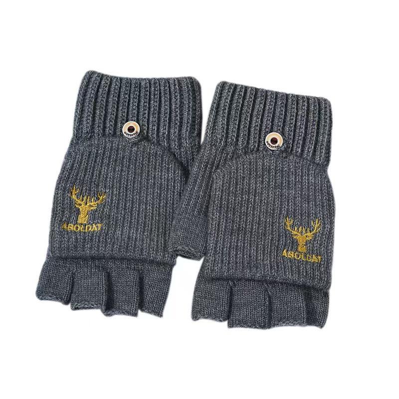 Winter Knitted Gloves Men's Half-finger Outdoor Cycling Plus Velvet Warm Embroidered Antlers Touch Screen Half-finger Flip Cover