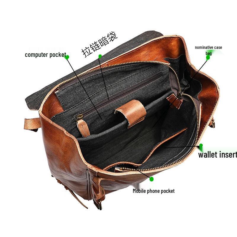 OEING Unisex Vegetable-Tanned Leather Casual Travel Backpack