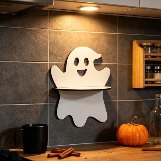 Halloween Wall Decor Wooden Shelf, Ghost Bat Shape Hanging Organizer for Spooky Room Accents Home Decor, Farmhouse Display Rack, Festive Party