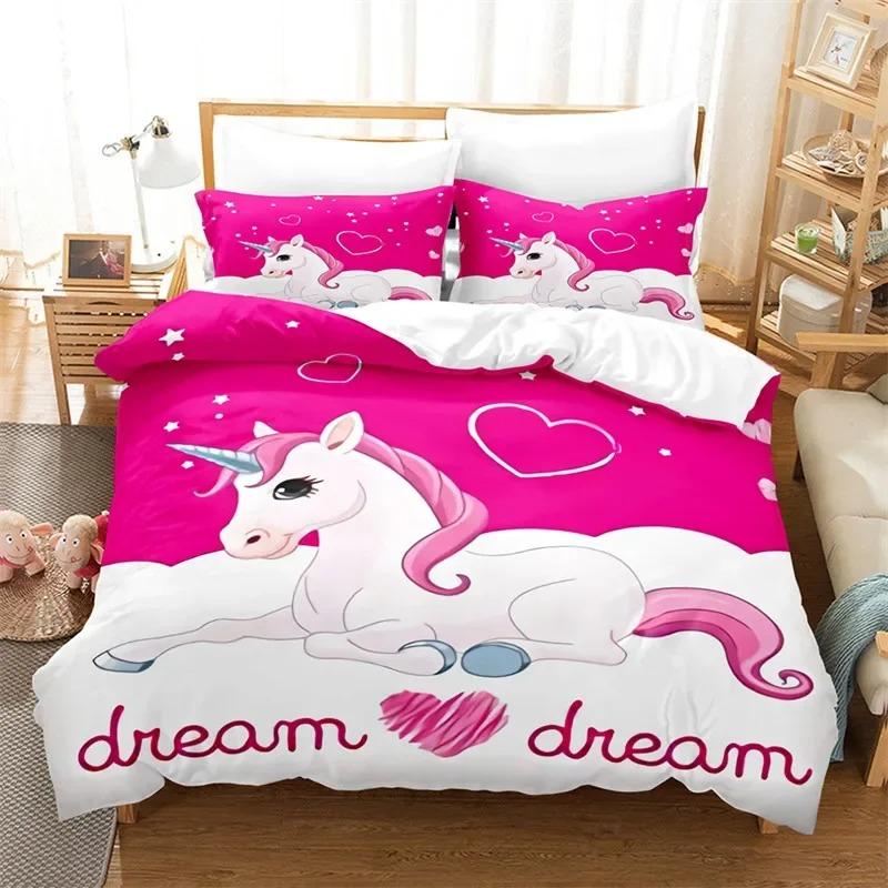 Cartoon Unicorn Duvet Cover Floral Bedding Set Microfiber Flying Horse Comforter Cover Full Queen For Boys Girls Bedroom Decor