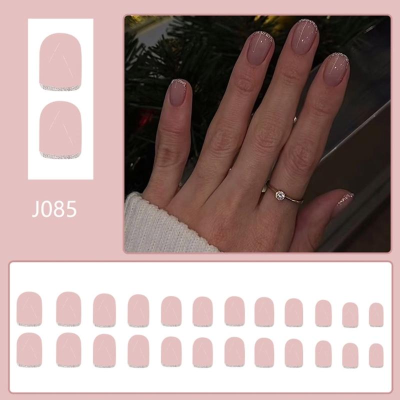 Press On Nail Short Square False Nail French Tip Stick On Acrylic Nail for Women Girls Manicure Nail Accesories 24Pcs