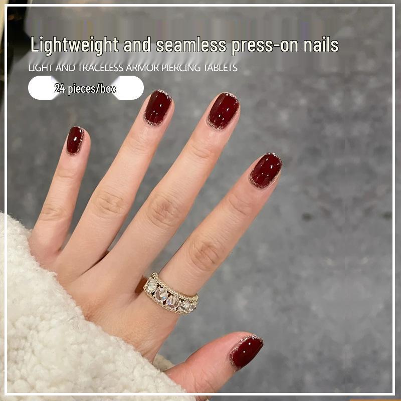 Short Wine Red Glitter Press-on Nails - Simple Manicure Tips with Jelly Glue for Spicy Style